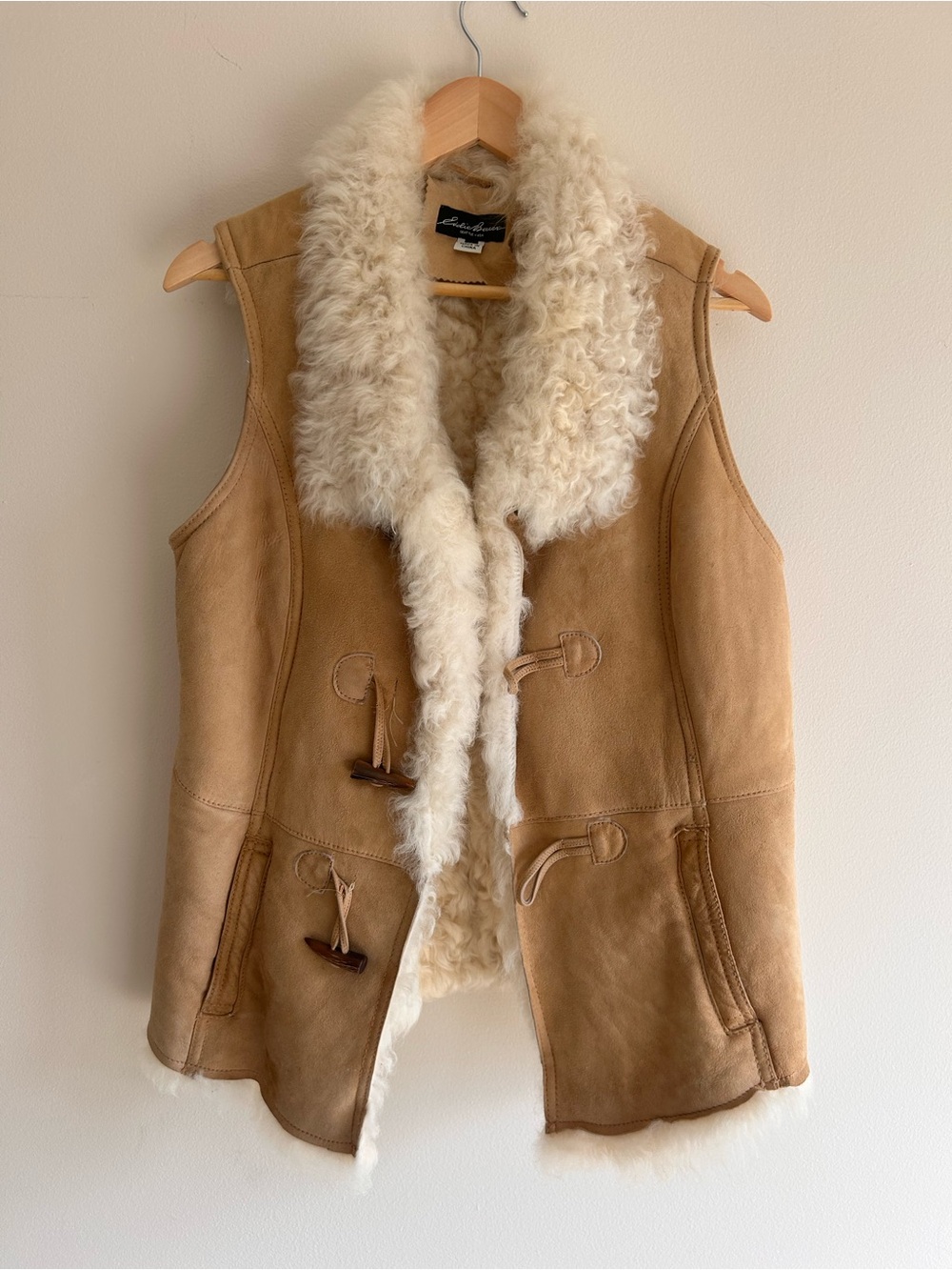 Eddie Bauer Shearling-Lined Suede Vest - Camel